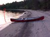 Canoe beached in the cove west of Indian Point - Mount Martin trail-head marked with an arrow