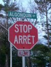 Stop/Arret sign at Algonquin Street and Deep River Road