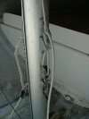 Jib Halyard / wire-Rope Halyard on the port-side, and rigged main halyard on the starboard side using CL218MK1 Port Side Entry Clamcleat.  Main halyard block has extra shackle so halyard does not wear down the CL218MK1 Port Side Entry Clamcleat when raising the Main sail