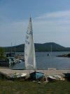 'Does the Job' Albacore 6781  Sailing Dinghy ready for sailing with Seitech launching dolly.  Mount Martin and the Ottawa River in the background