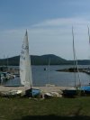 'Does the Job' Albacore 6781  Sailing Dinghy ready for sailing with Seitech launching dolly.  Mount Martin and the Ottawa River in the background