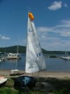 'Does the Job' Albacore 6781 Sailing Dinghy ready for sailing with Seitech launching dolly and Crewsaver Mast-Float. Mount Martin and the Ottawa River in the background