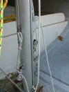 Harken Micro 292 Single Swivel Blocks for the jib and main halyards mounted on the mast. Main halyard block has extra shackle so halyard does not wear down the CL218MK1 Port Side Entry Clamcleat when raising the Main sail