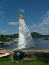 'Does the Job' Albacore 6781 Sailing Dinghy ready for sailing with Seitech launching dolly and Crewsaver Mast-Float. Mount Martin and the Ottawa River in the background