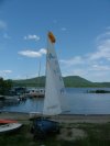 'Does the Job' Albacore 6781 Sailing Dinghy ready for sailing with Seitech launching dolly and Crewsaver Mast-Float. Mount Martin and the Ottawa River in the background