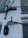 Centerboard has a CL257 Auto-release Racing Mini Clamcleat with dinghy braid, as well as a backup Clamcleat with Shockcord