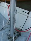 Jib Halyard / wire-Rope Halyard on the port-side, and rigged main halyard on the starboard side using CL218MK1 Port Side Entry Clamcleat.  Main halyard block has extra shackle so halyard does not wear down the CL218MK1 Port Side Entry Clamcleat when raising the Main sail