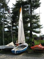 'Does the Job' Albacore 6781 Sailing Dinghy with a new rudder made by Competition Composites Inc of Ottawa; and using a Firefly main sail for high wind conditions (including assistance from Bob and Paul)