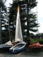'Does the Job' Albacore 6781 Sailing Dinghy with a new rudder made by Competition Composites Inc of Ottawa; and using a Firefly main sail for high wind conditions (including assistance from Bob and Paul)