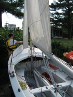 'Does the Job' Albacore 6781 Sailing Dinghy with a new rudder made by Competition Composites Inc of Ottawa; and using a Firefly main sail for high wind conditions (including assistance from Bob and Paul)