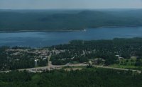 Civic center of Deep River, Ottawa River and Mount Martin from the air