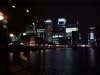 Blurred image of Night time Skyscrapers at Canary Wharf in the distance